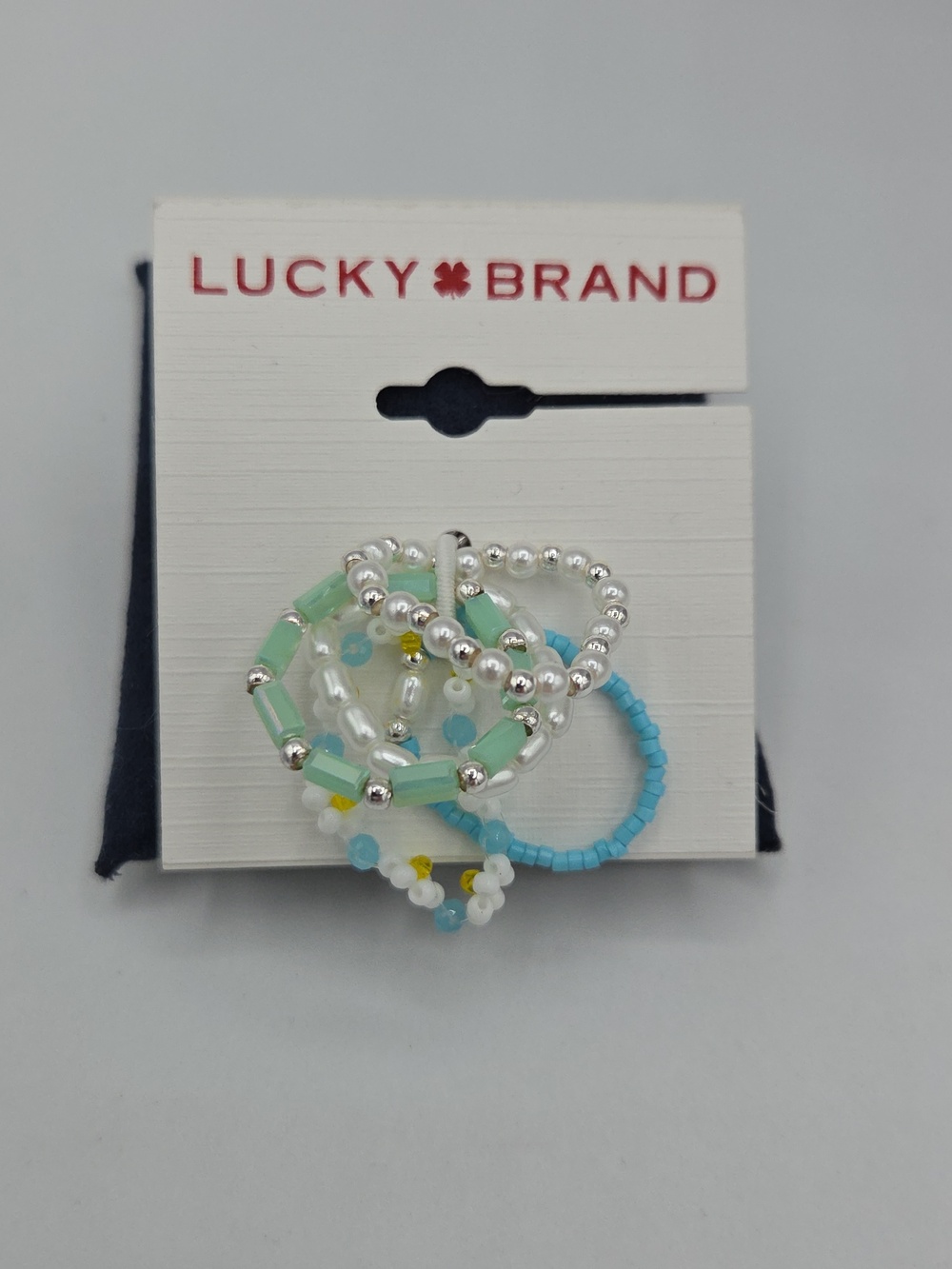 5 for $25! Lucky Brand Mint, Turquoise & Pearl Beaded Stretch Stackable Rings
